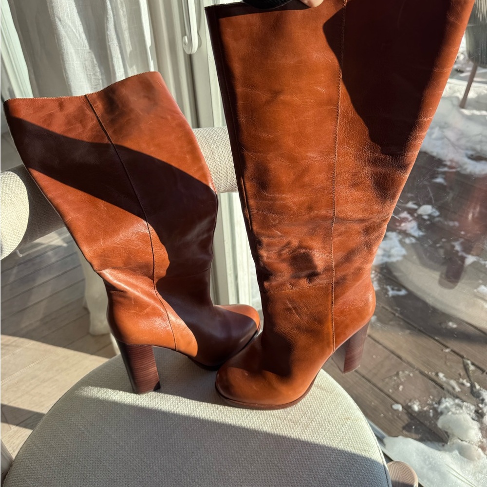 Elegant Tan Leather Heeled Boots by Vince Camuto